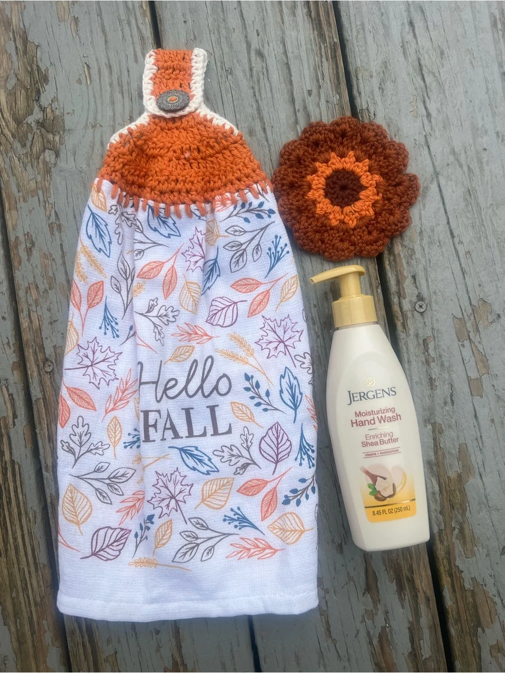 Hand Crafted Hello Fall Kitchen Hanging Towel with Orange Crochet Top